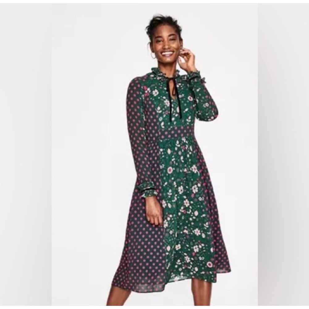 Boden Cecilia Floral Polka Dot Mixed Print Midi Dress Velvet Tie US 10R - Picture 9 of 9